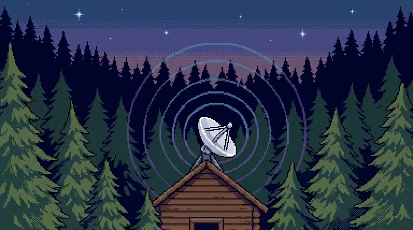 Pixelgrafik: en parabolantenn på ett stugtak mitt i storskogen, med radiovågor mot skymningshimlen